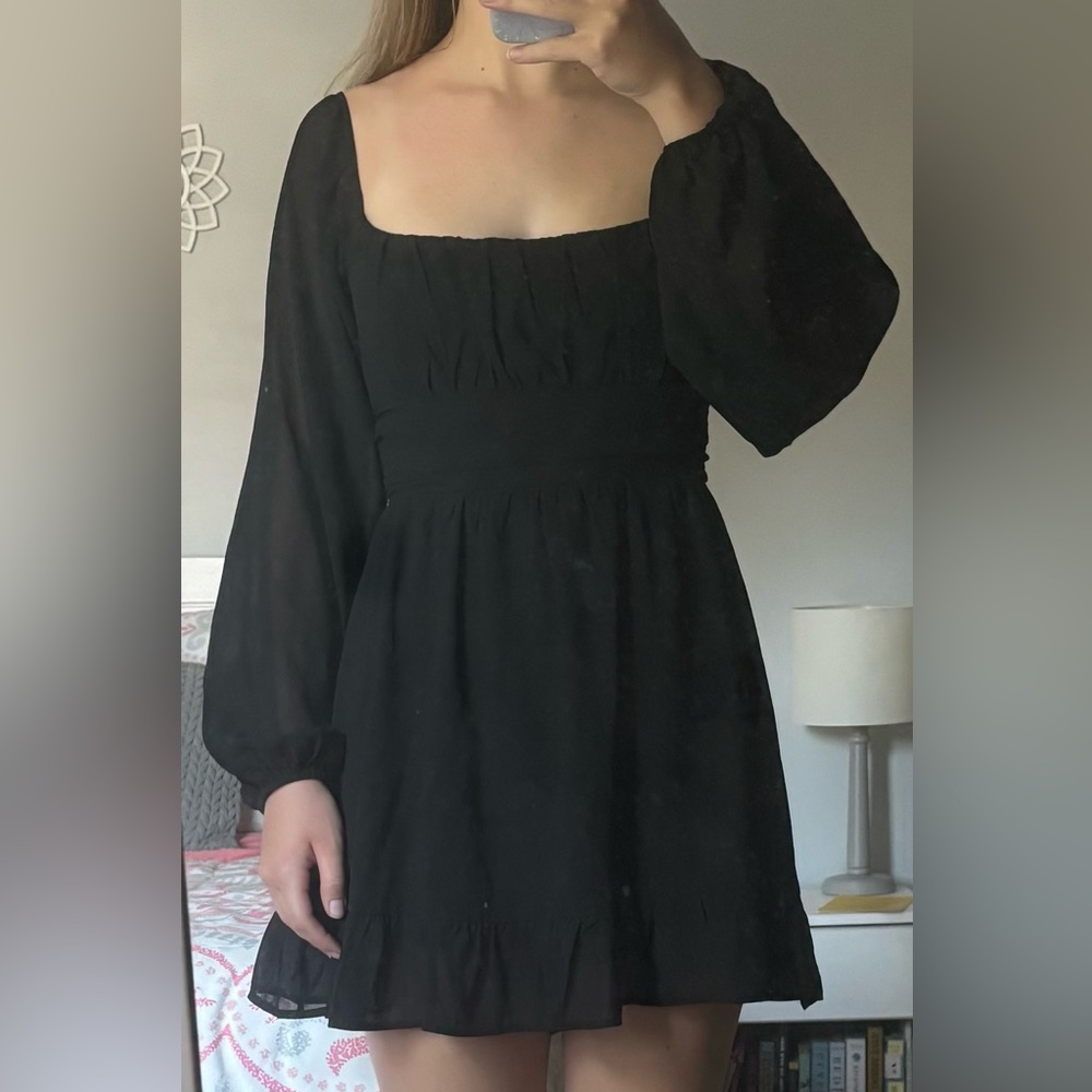 Black Windsor sheer long sleeve mini dress